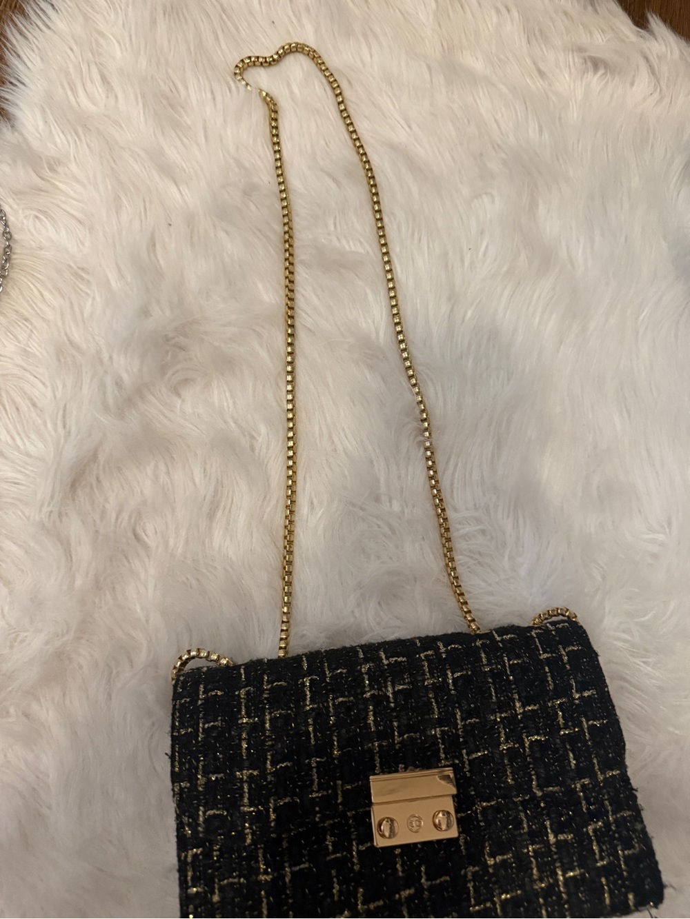 Black Tweed Chain Shoulder Bag with Gold Hardware